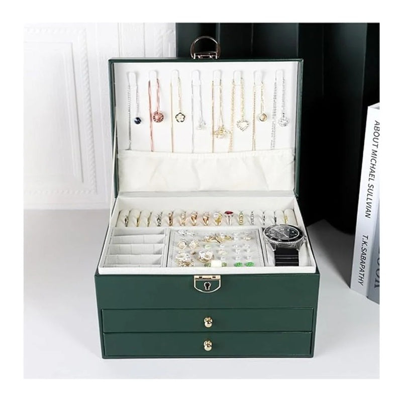 Luxury 3-Layer PU Leather Jewelry Organizer Box with Lock & Drawers