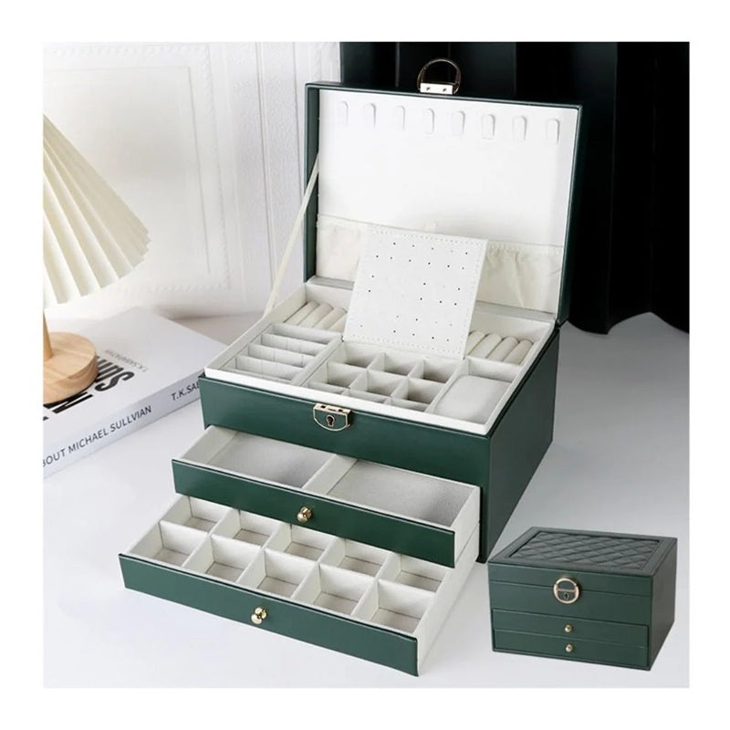 Luxury 3-Layer PU Leather Jewelry Organizer Box with Lock & Drawers