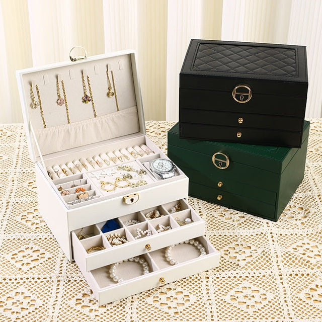 Luxury 3-Layer PU Leather Jewelry Organizer Box with Lock & Drawers