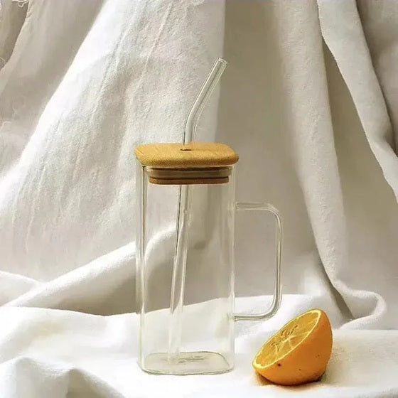 Square Coffee Mug With Wooden Top And Straw