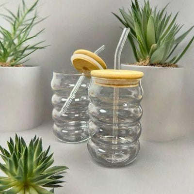 Smoothie & Coffee Glass Cup With Bamboo Lid And Straw