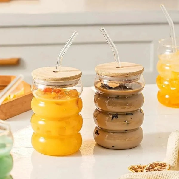 Smoothie & Coffee Glass Cup With Bamboo Lid And Straw