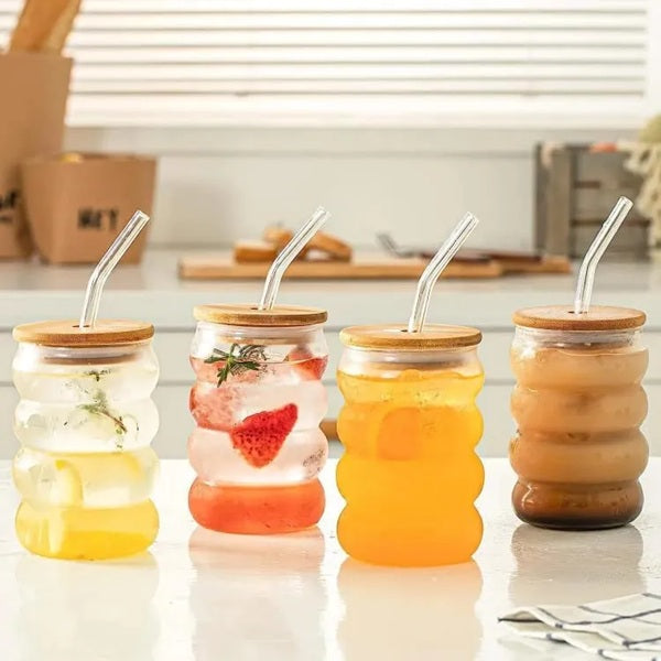 Smoothie & Coffee Glass Cup With Bamboo Lid And Straw