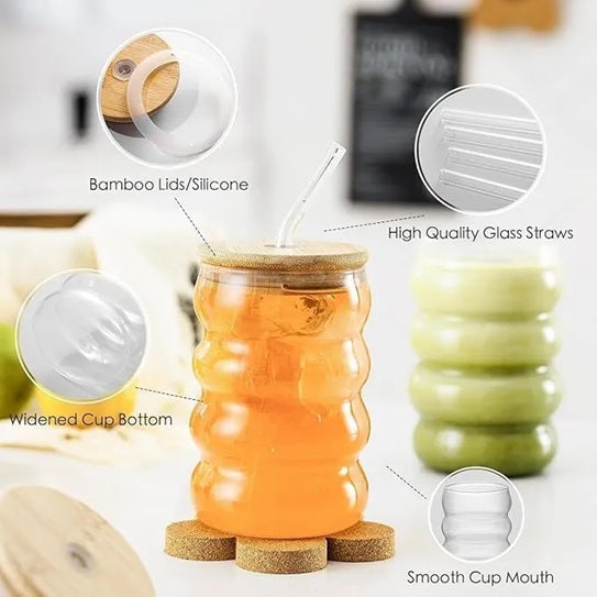 Smoothie & Coffee Glass Cup With Bamboo Lid And Straw