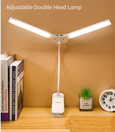 360° Flexible Dual Head Rechargeable LED Clip Desk Lamp for Study & Reading