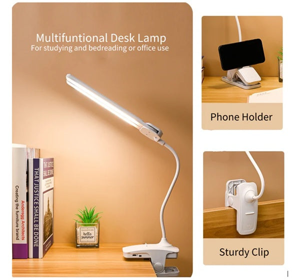 360° Flexible Dual Head Rechargeable LED Clip Desk Lamp for Study & Reading