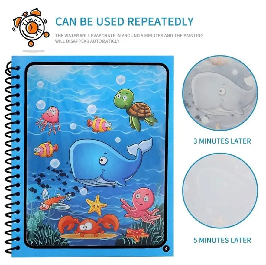 Magic Water Coloring Book with Reusable Water Pen – Mess-Free Learning & Drawing Fun