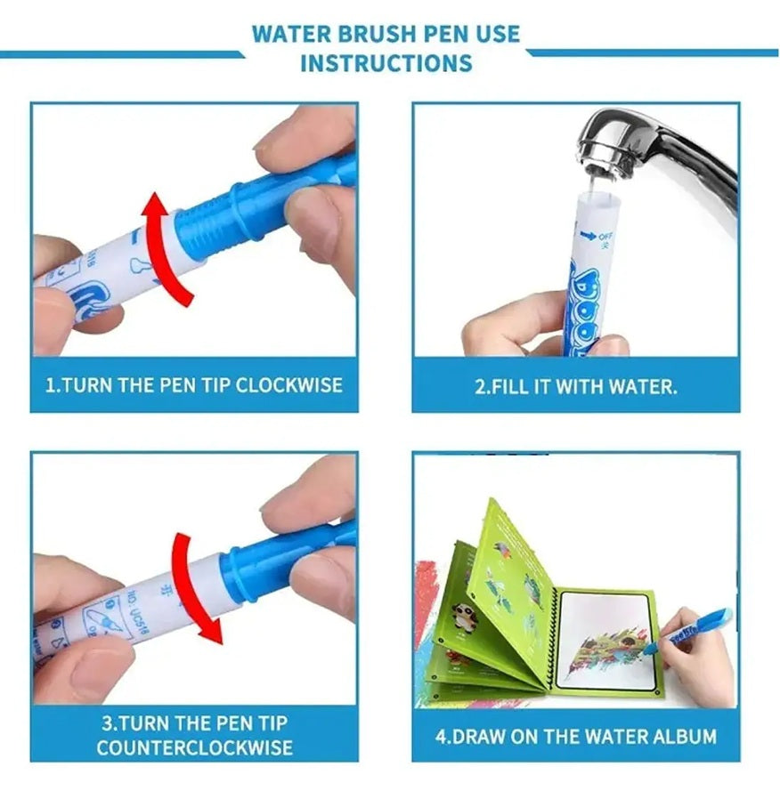 Magic Water Coloring Book with Reusable Water Pen – Mess-Free Learning & Drawing Fun