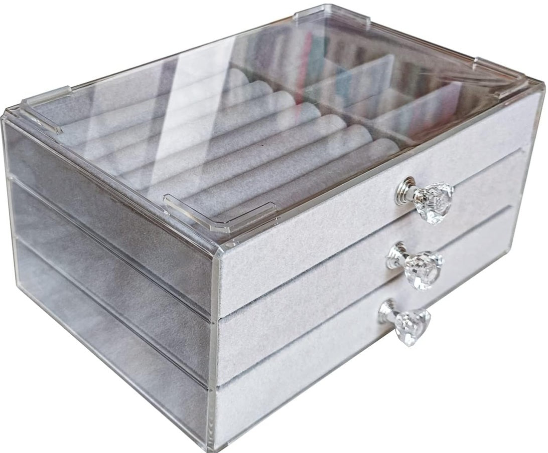 Luxury 3-Drawer Velvet Jewelry Organizer – Clear Acrylic Storage Box