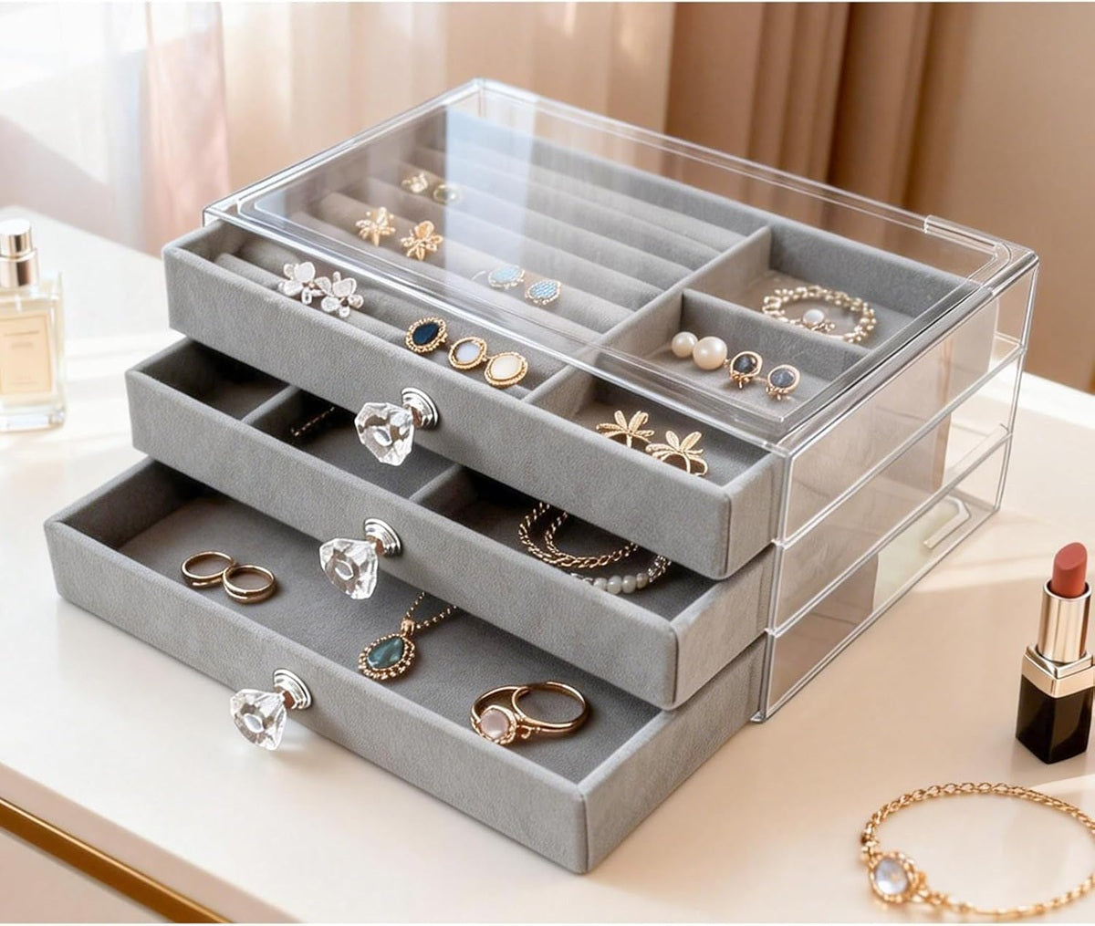 Luxury 3-Drawer Velvet Jewelry Organizer – Clear Acrylic Storage Box