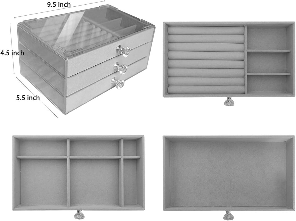 Luxury 3-Drawer Velvet Jewelry Organizer – Clear Acrylic Storage Box