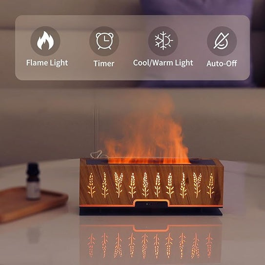2-in-1 Flame Humidifier & Essential Oil Diffuser – Wood Grain Design
