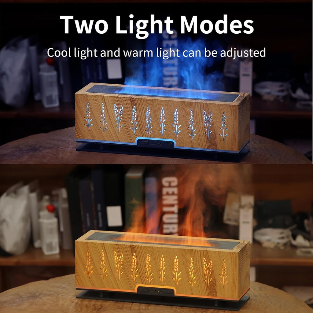 2-in-1 Flame Humidifier & Essential Oil Diffuser – Wood Grain Design