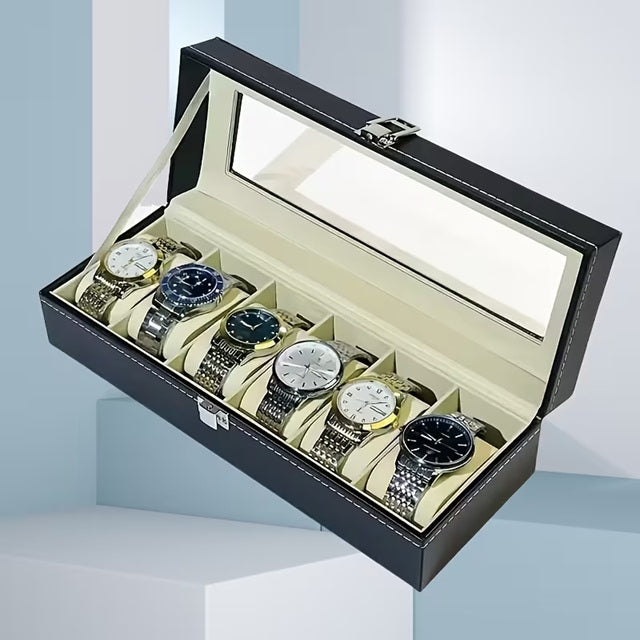 PrestigeVault Luxury Watch & Jewelry Organizer – PU Leather Display Case with Glass Lid