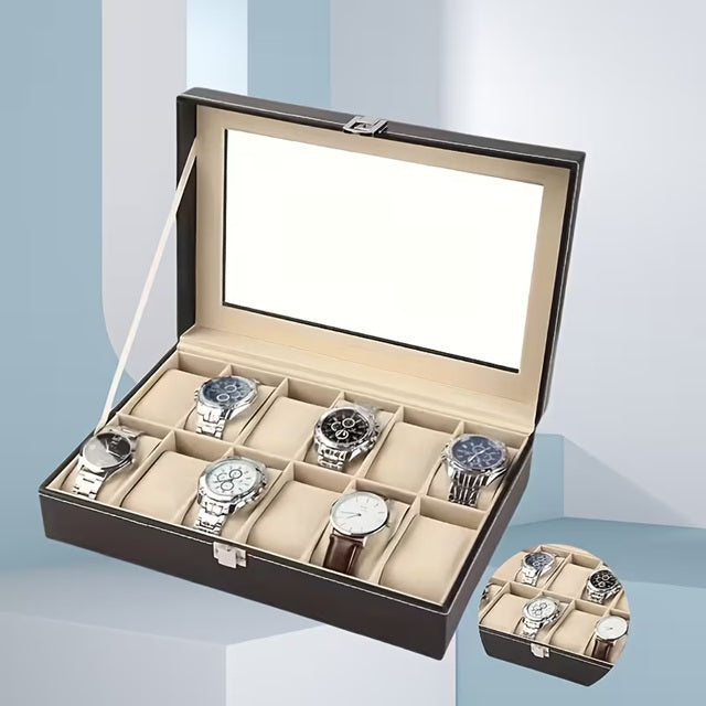 PrestigeVault Luxury Watch & Jewelry Organizer – PU Leather Display Case with Glass Lid