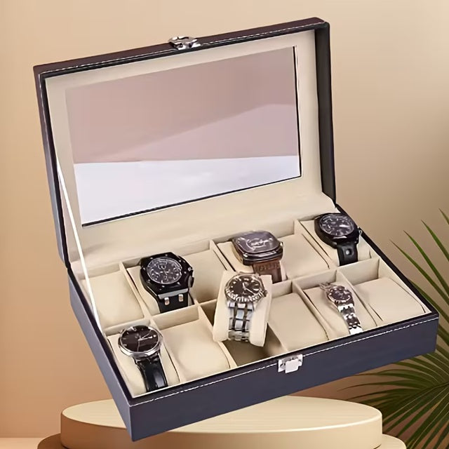 PrestigeVault Luxury Watch & Jewelry Organizer – PU Leather Display Case with Glass Lid